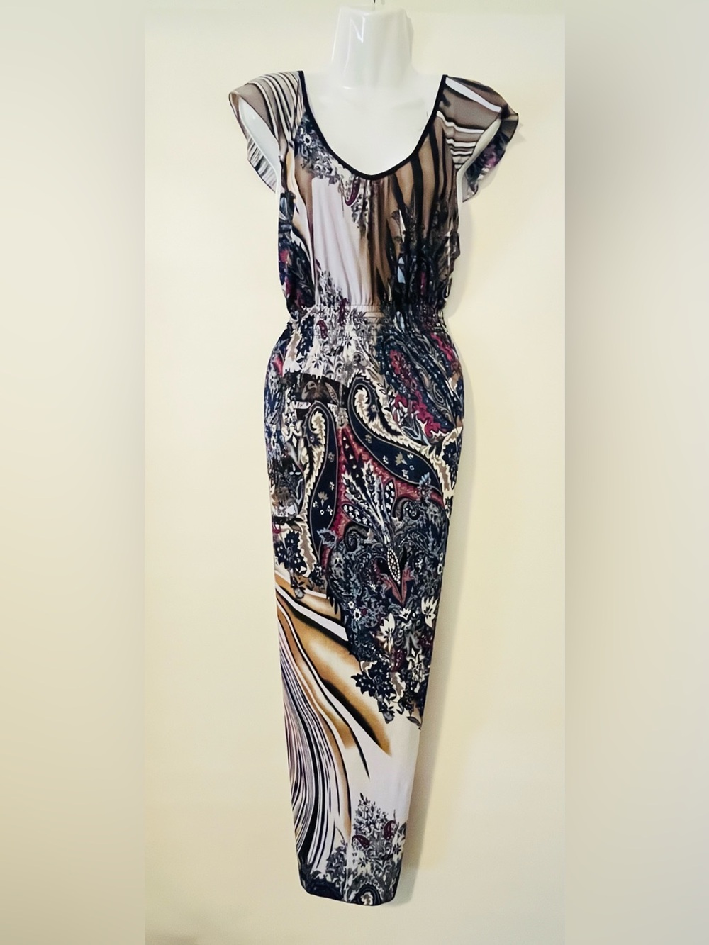 Shui Si Qing Women’s Multicolor Paisley Maxi Dress Size Large Flutter Sleeves